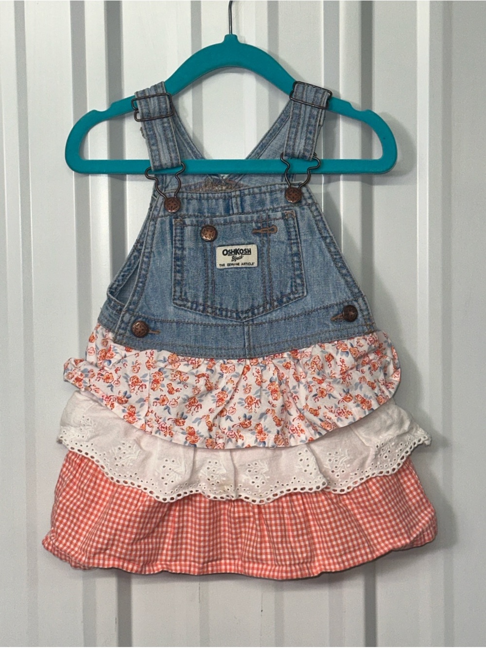 OshKosh B’Gosh Vestbak Ruffle Overall Dress Cottagecore Prairie Denim Baby Girl